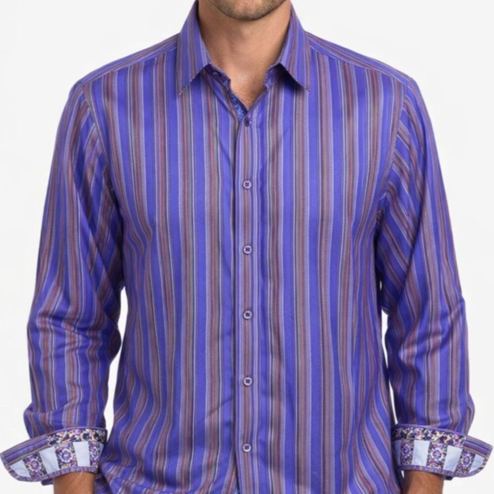 Robert Graham Striped Cotton Shirt Mens Size M Silk Embroidered Flip Cuff Artsy